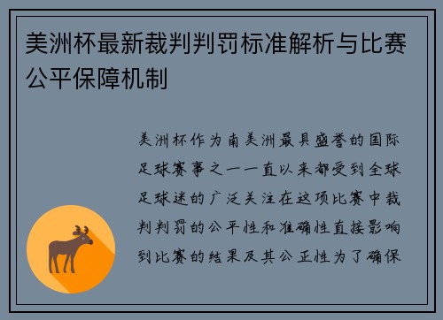 美洲杯最新裁判判罚标准解析与比赛公平保障机制