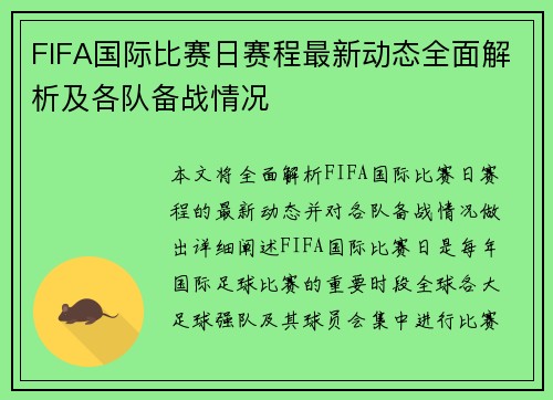 FIFA国际比赛日赛程最新动态全面解析及各队备战情况