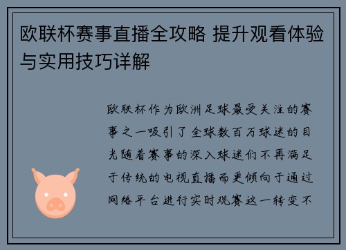 欧联杯赛事直播全攻略 提升观看体验与实用技巧详解